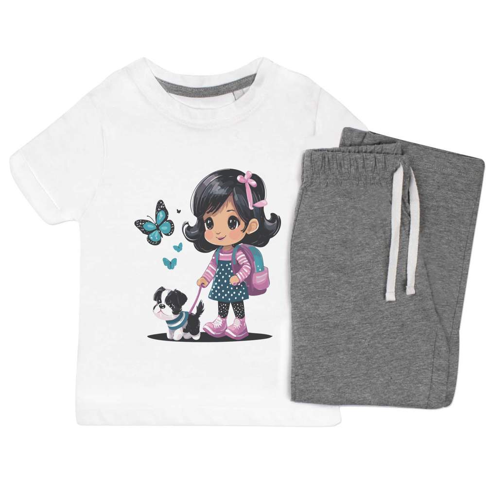 'Little Girl Walking A Puppy' Kids Nightwear / Pyjama Set (KP046628)