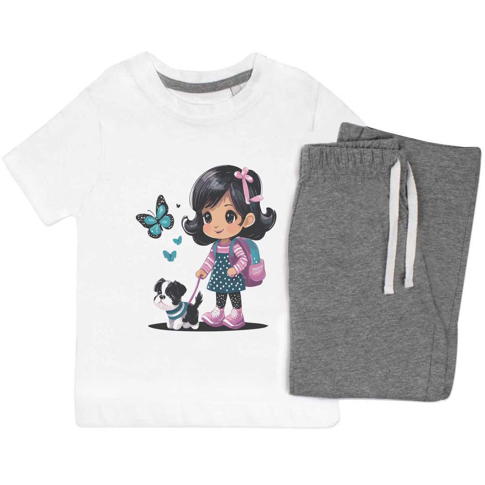 'Little Girl Walking A Puppy' Kids Nightwear / Pyjama Set (KP046628)