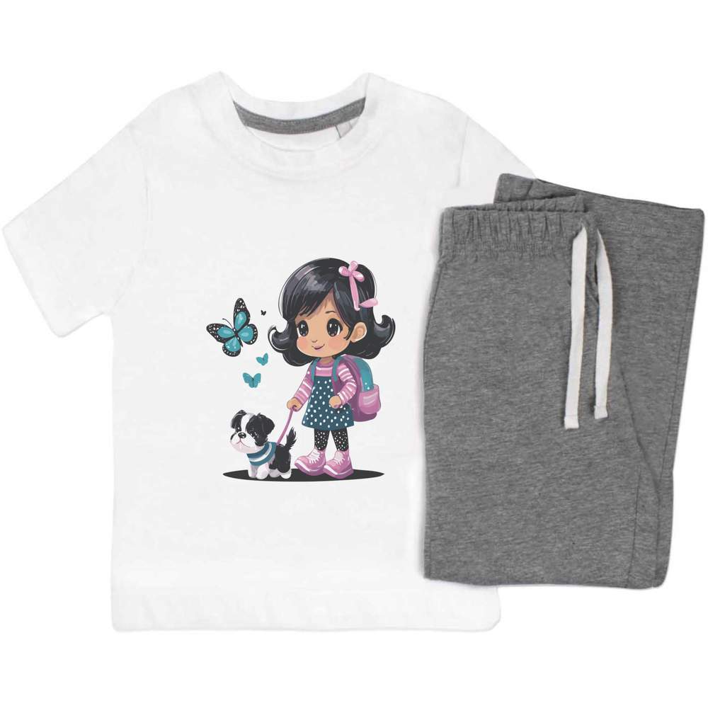 'Little Girl Walking A Puppy' Kids Nightwear / Pyjama Set (KP046628)