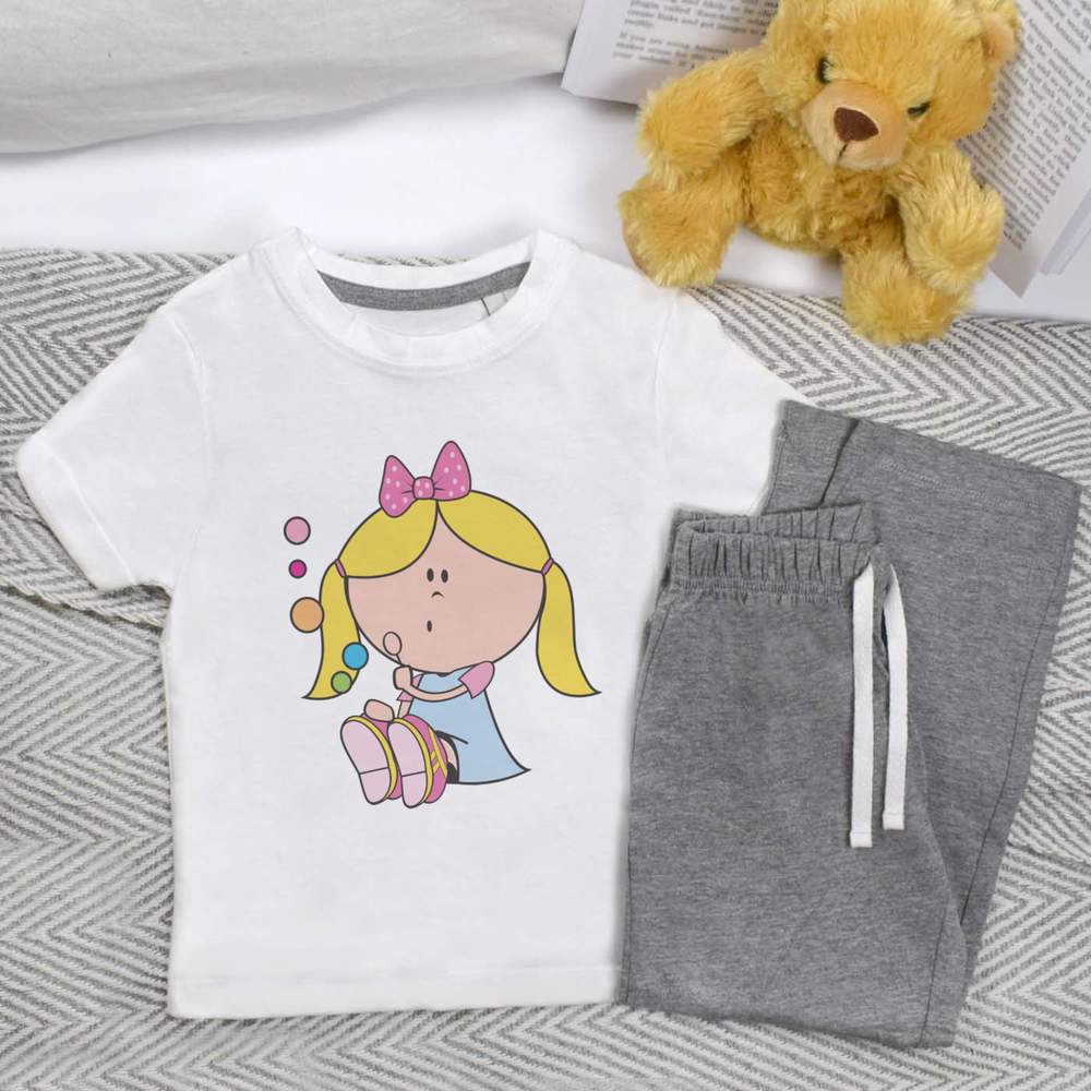 'Little Girl Blowing Bubbles' Kids Nightwear / Pyjama Set (KP043624)