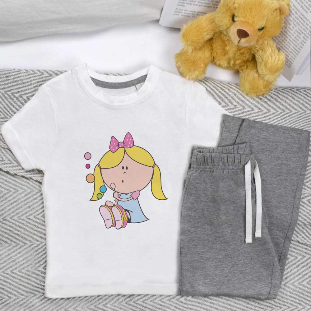 'Little Girl Blowing Bubbles' Kids Nightwear / Pyjama Set (KP043624)
