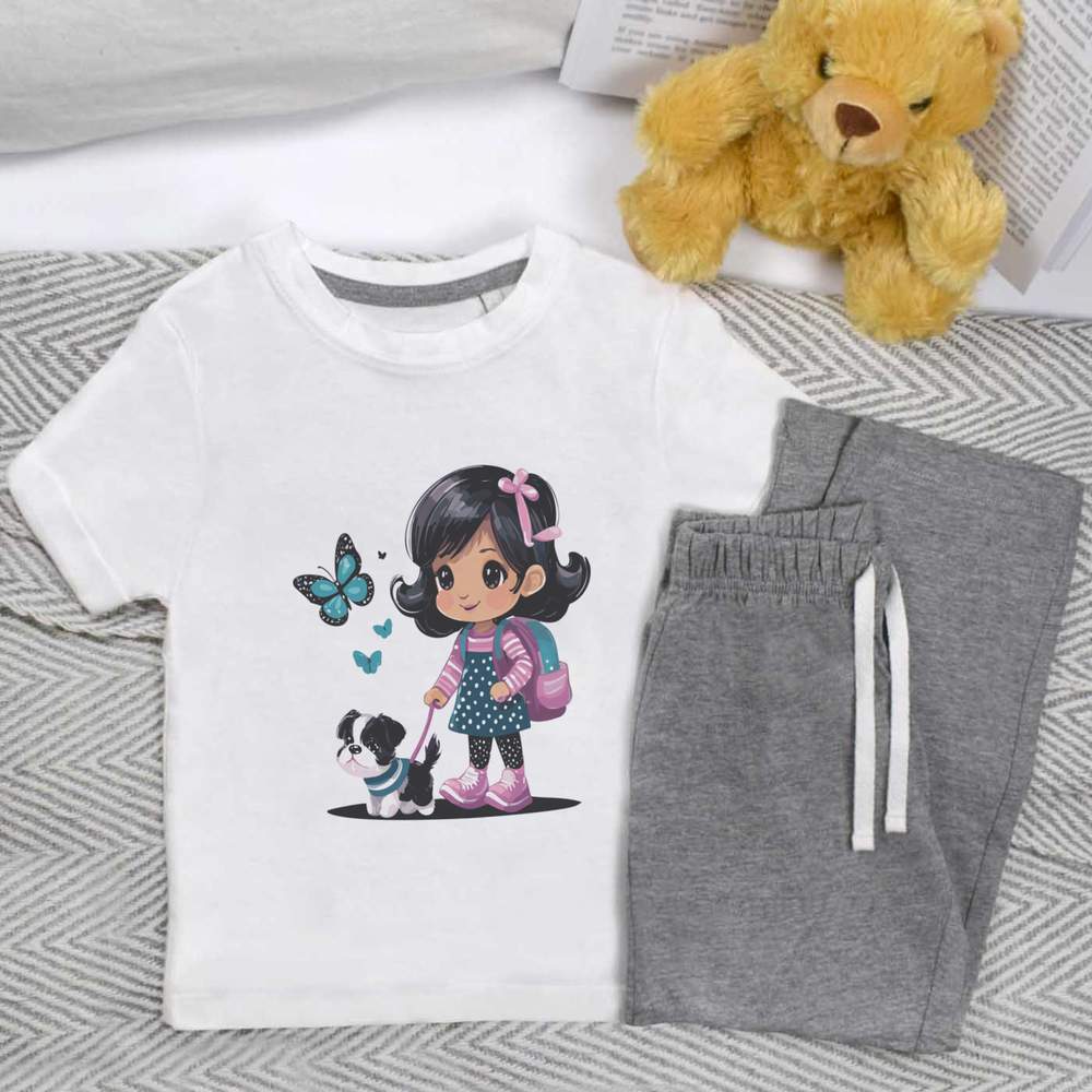 'Little Girl Walking A Puppy' Kids Nightwear / Pyjama Set (KP046628)
