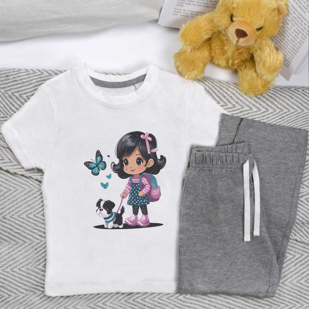 'Little Girl Walking A Puppy' Kids Nightwear / Pyjama Set (KP046628)