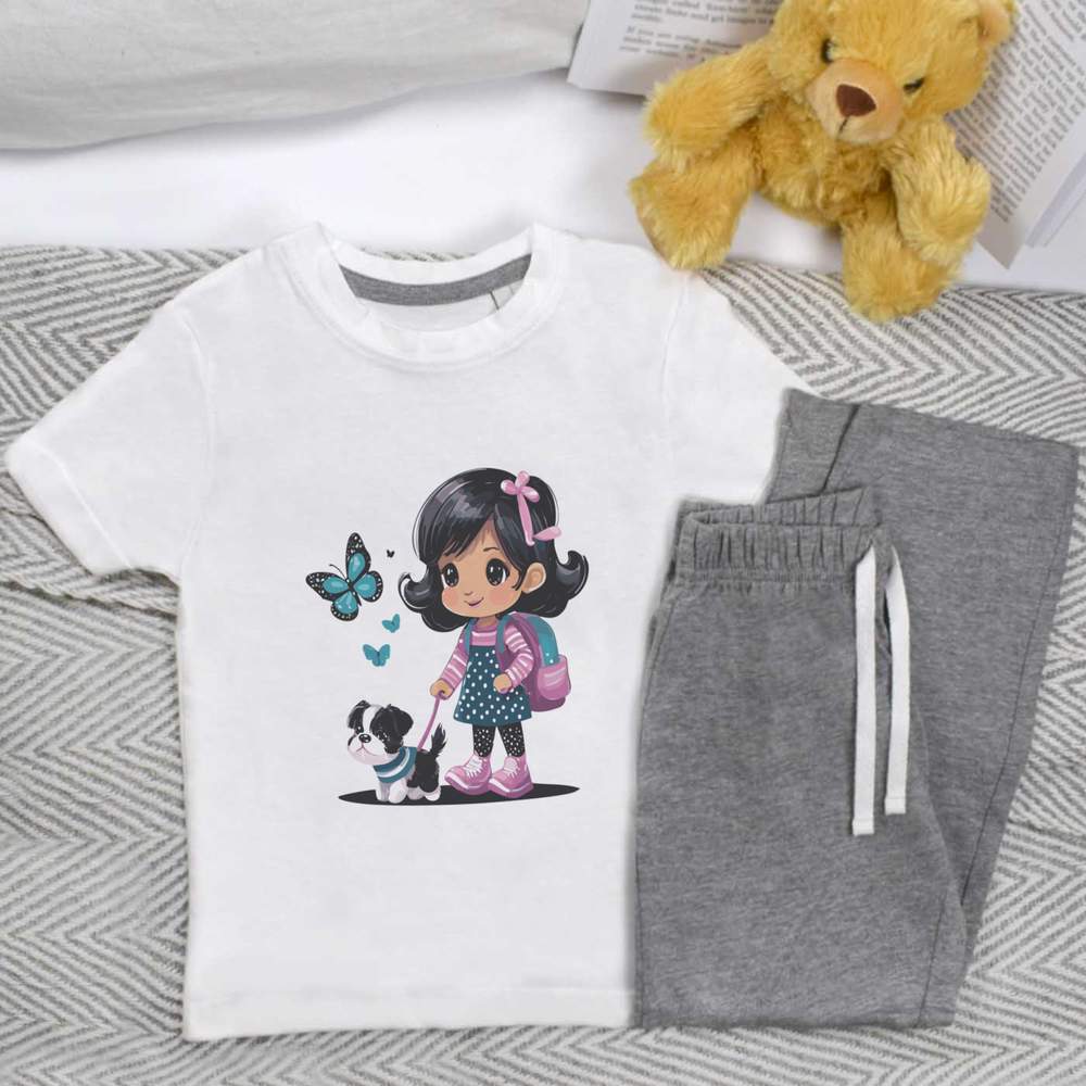 'Little Girl Walking A Puppy' Kids Nightwear / Pyjama Set (KP046628)