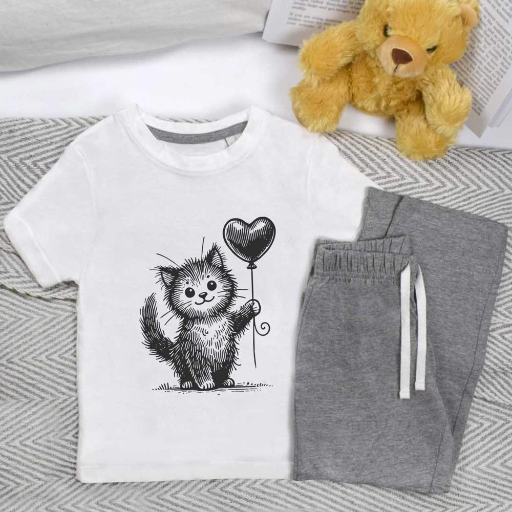'Cute Cat With Balloon' Kids Nightwear / Pyjama Set (KP052610)
