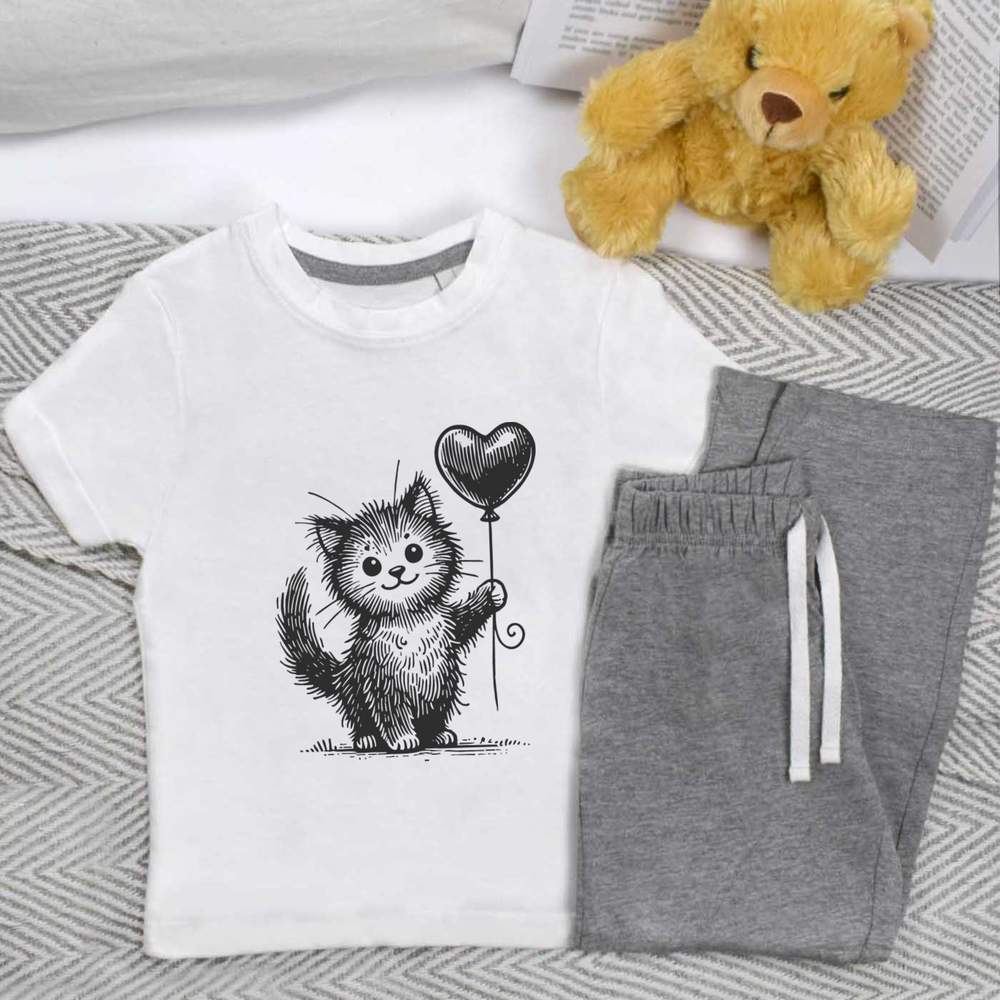 'Cute Cat With Balloon' Kids Nightwear / Pyjama Set (KP052610)