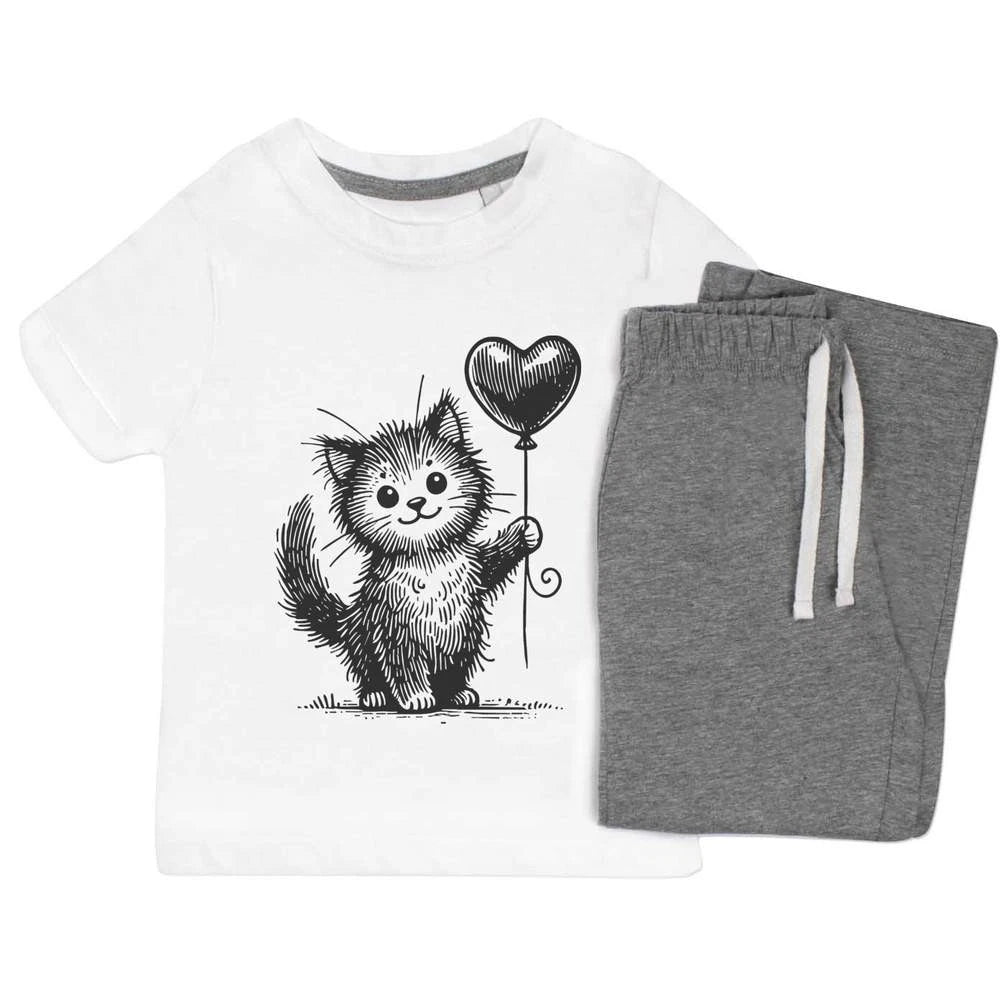 'Cute Cat With Balloon' Kids Nightwear / Pyjama Set (KP052610)