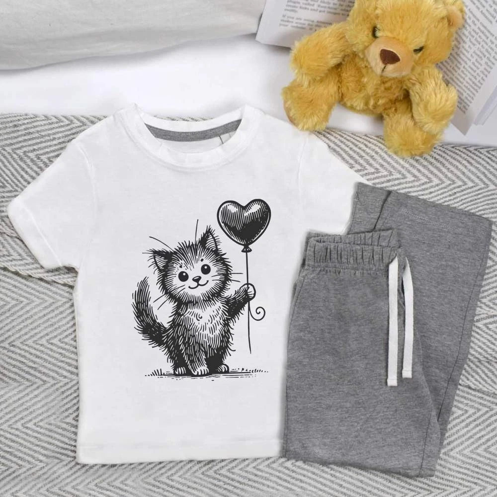 'Cute Cat With Balloon' Kids Nightwear / Pyjama Set (KP052610)