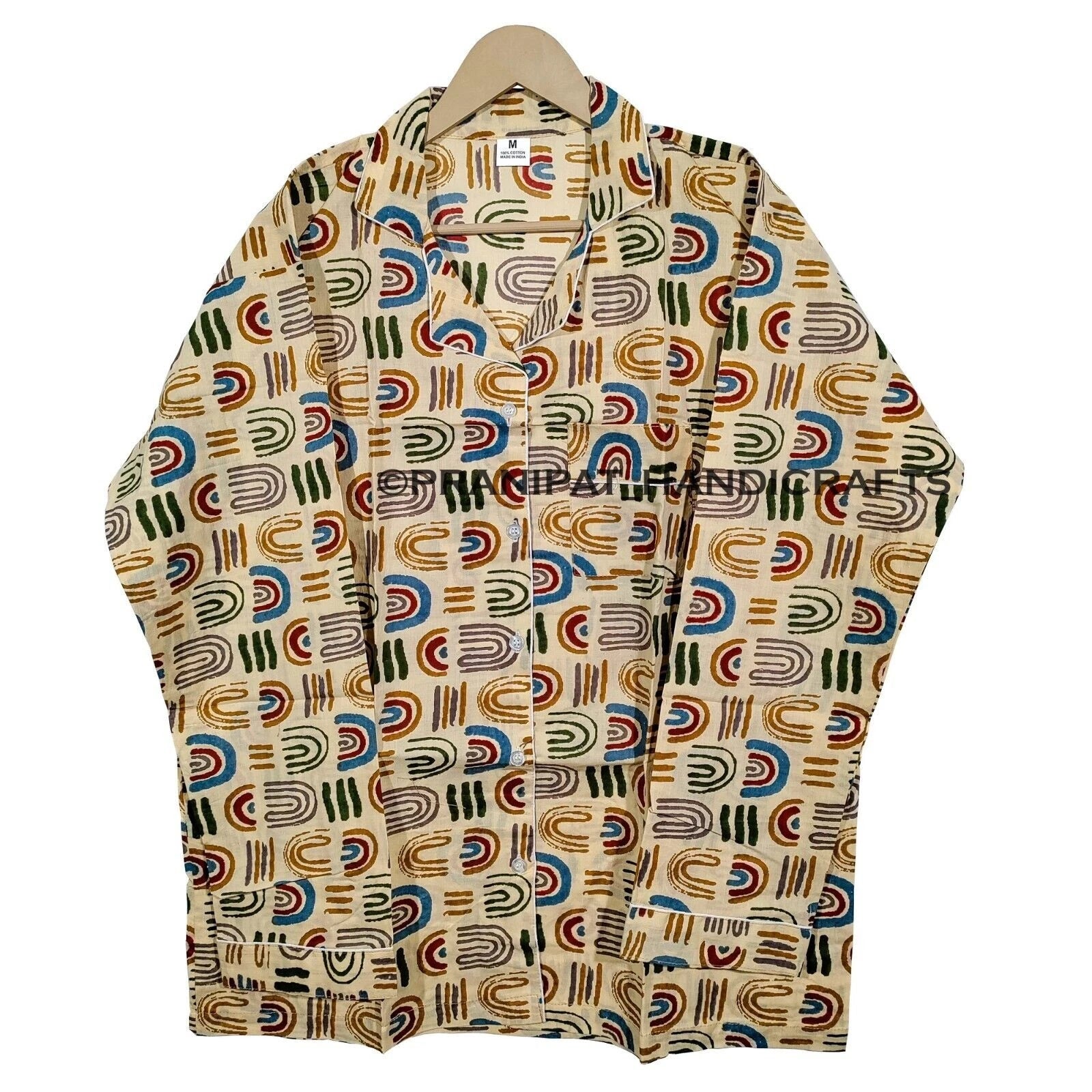 Women Abstract Summer Beige Hippie Sleepwear Cotton Ethnic Night wear Pajama set