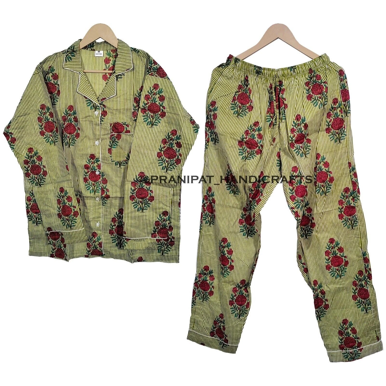 Women Floral Stripe Summer Green Sleepwear Hippie Cotton Night wear Pajama set