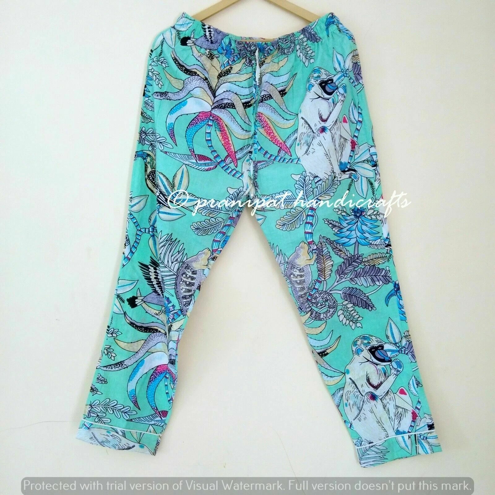 Indian Monkey Print Cotton Aquamarine Green Women Gypsy Top-Pajama set Sleepwear