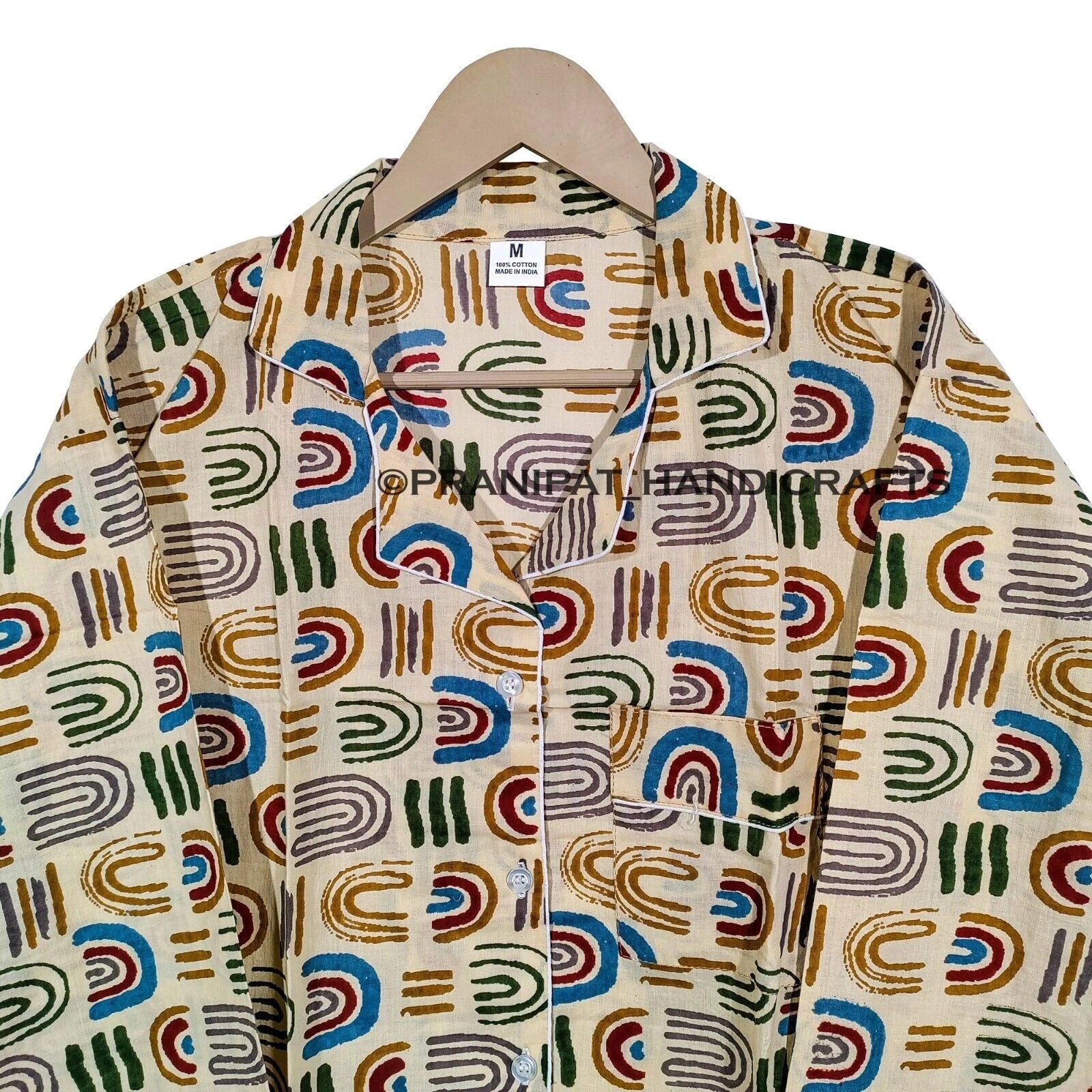 Women Abstract Summer Beige Hippie Sleepwear Cotton Ethnic Night wear Pajama set