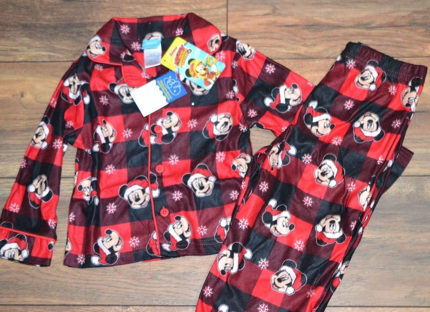 Disney Mickey 2 Piece Flannel Sleepwear Pajama Set Santa Mickey Red Plaid PJ