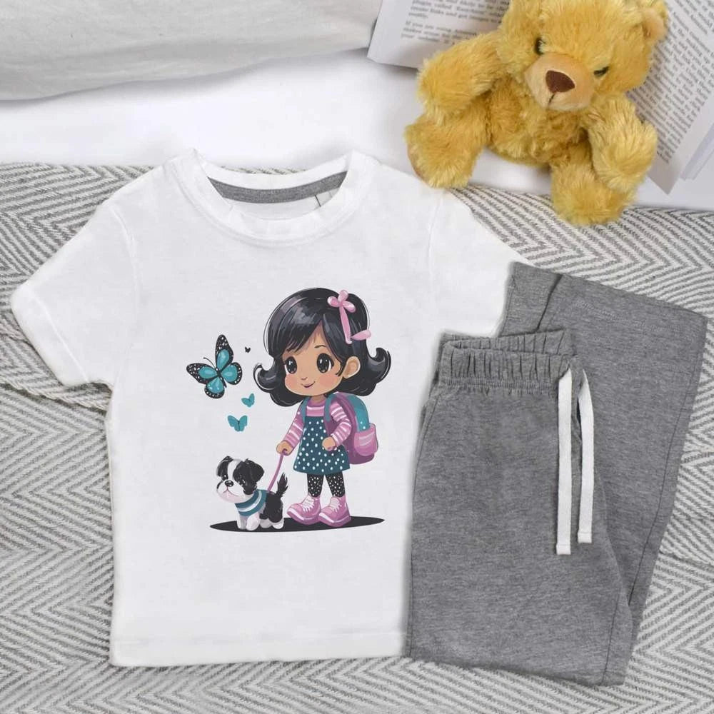 'Little Girl Walking A Puppy' Kids Nightwear / Pyjama Set (KP046628)