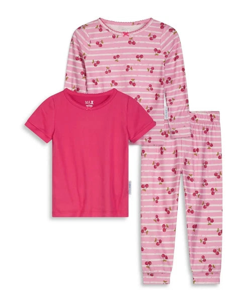 Max & Olivia Baby Girls Snug Fit Cherry Themed Pajama 3 piece Set