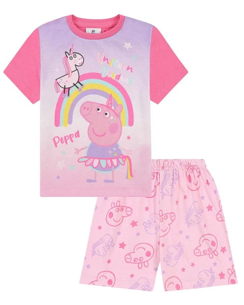 Girls Peppa Pig Unicorn Dreams  Rainbow Short Pyjamas - Ages 1 - 5 Years Kids PJ