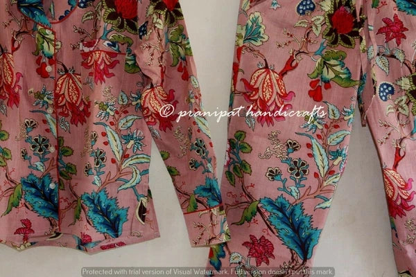 Indian Rose Printed Cotton Baby Pink Women Hippie Gypsy Top-Pajama set Sleepwear