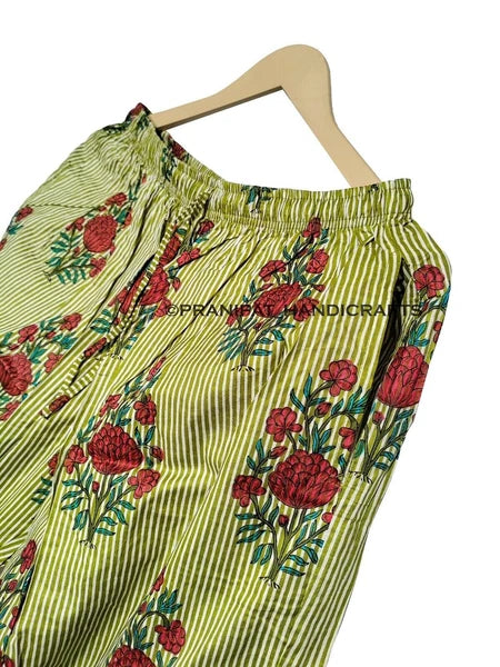 Women Floral Stripe Summer Green Sleepwear Hippie Cotton Night wear Pajama set
