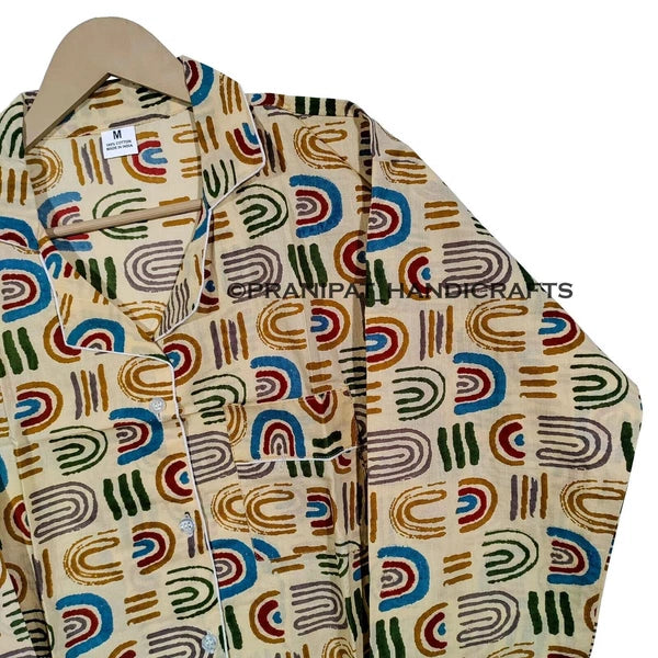 Women Abstract Summer Beige Hippie Sleepwear Cotton Ethnic Night wear Pajama set