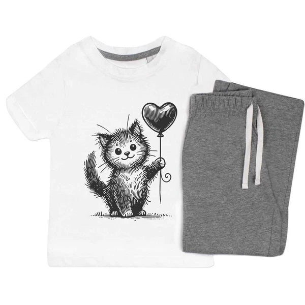 'Cute Cat With Balloon' Kids Nightwear / Pyjama Set (KP052610)