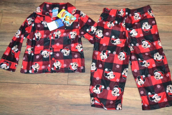Disney Mickey 2 Piece Flannel Sleepwear Pajama Set Santa Mickey Red Plaid PJ