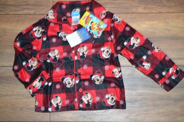 Disney Mickey 2 Piece Flannel Sleepwear Pajama Set Santa Mickey Red Plaid PJ