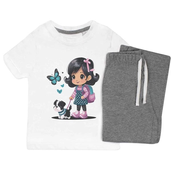 'Little Girl Walking A Puppy' Kids Nightwear / Pyjama Set (KP046628)