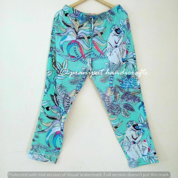 Indian Monkey Print Cotton Aquamarine Green Women Gypsy Top-Pajama set Sleepwear