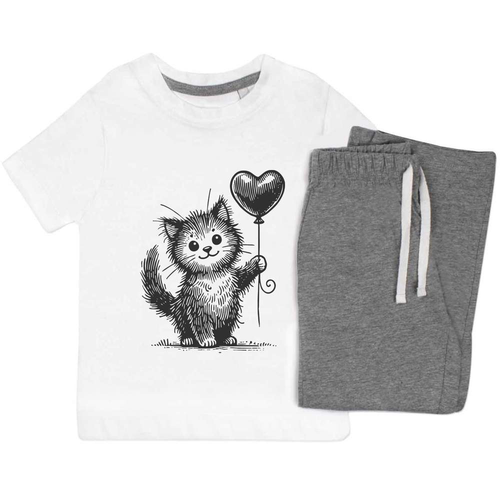 'Cute Cat With Balloon' Kids Nightwear / Pyjama Set (KP052610)