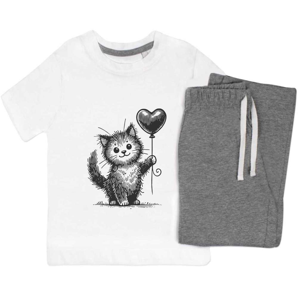 'Cute Cat With Balloon' Kids Nightwear / Pyjama Set (KP052610)