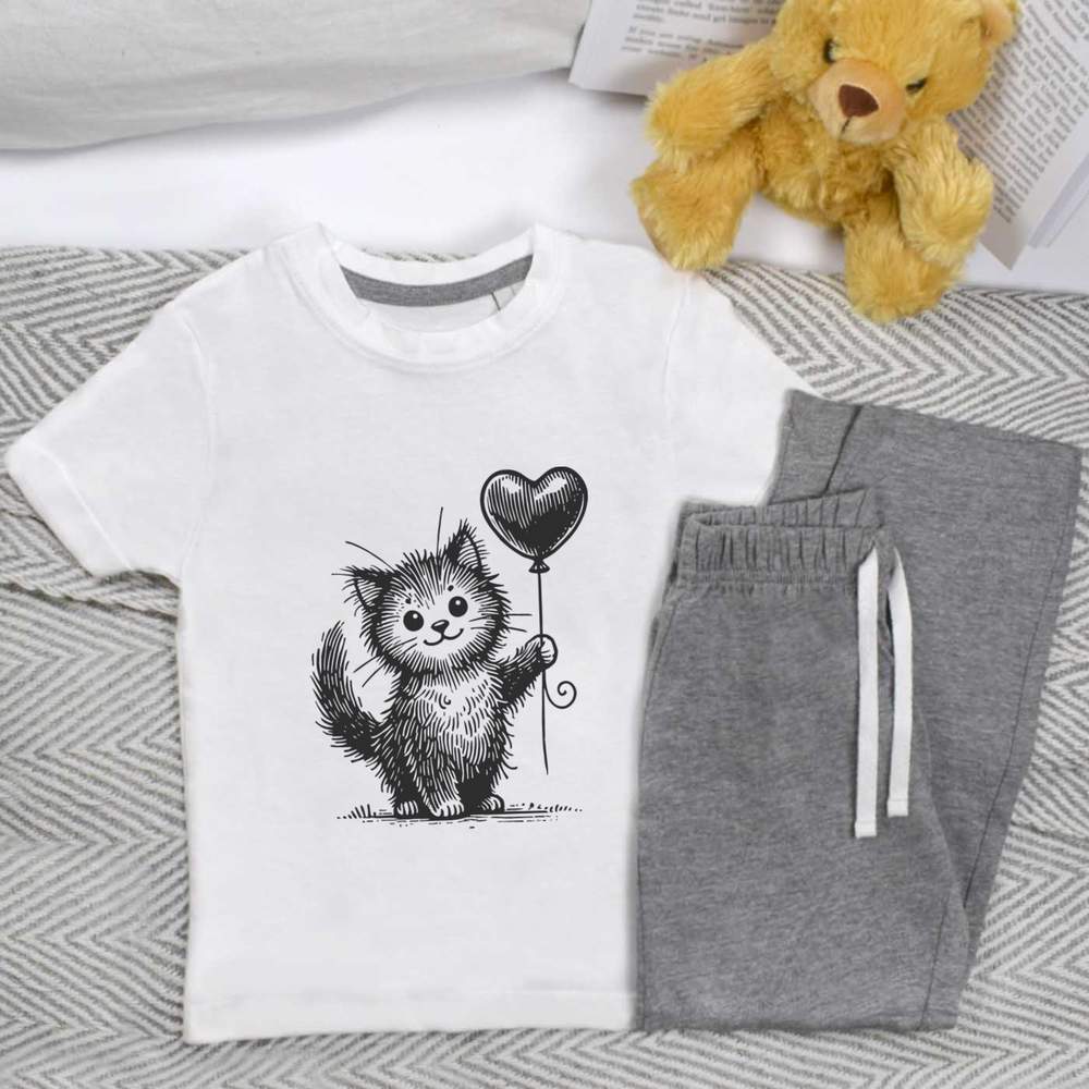 'Cute Cat With Balloon' Kids Nightwear / Pyjama Set (KP052610)