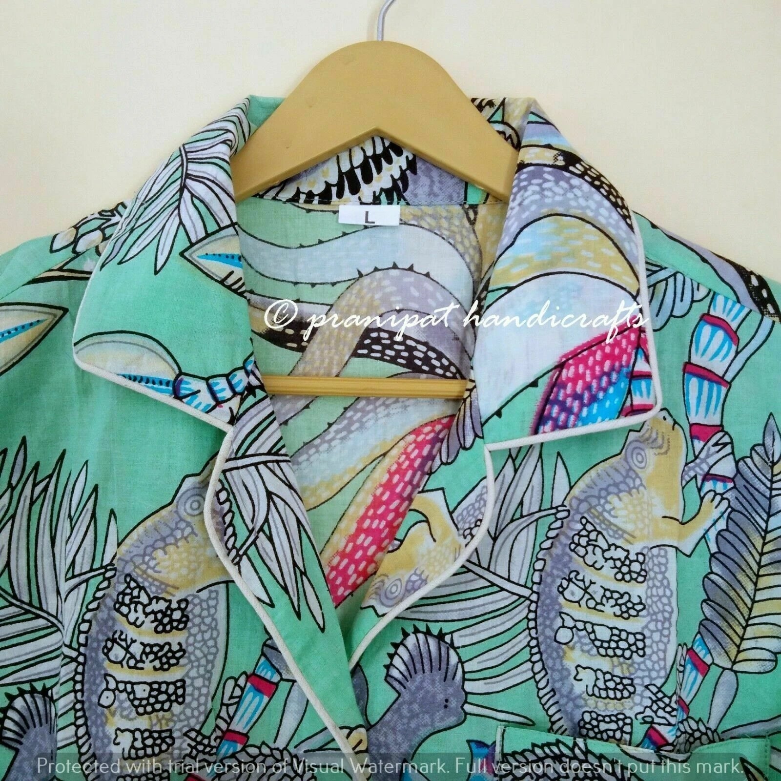 Indian Monkey Print Cotton Aquamarine Green Women Gypsy Top-Pajama set Sleepwear