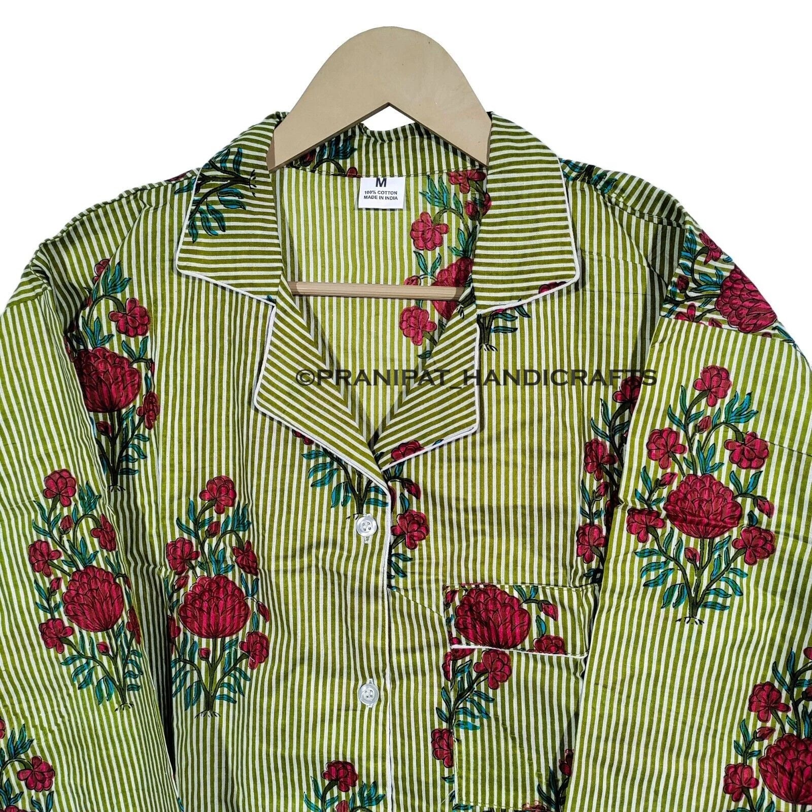 Women Floral Stripe Summer Green Sleepwear Hippie Cotton Night wear Pajama set