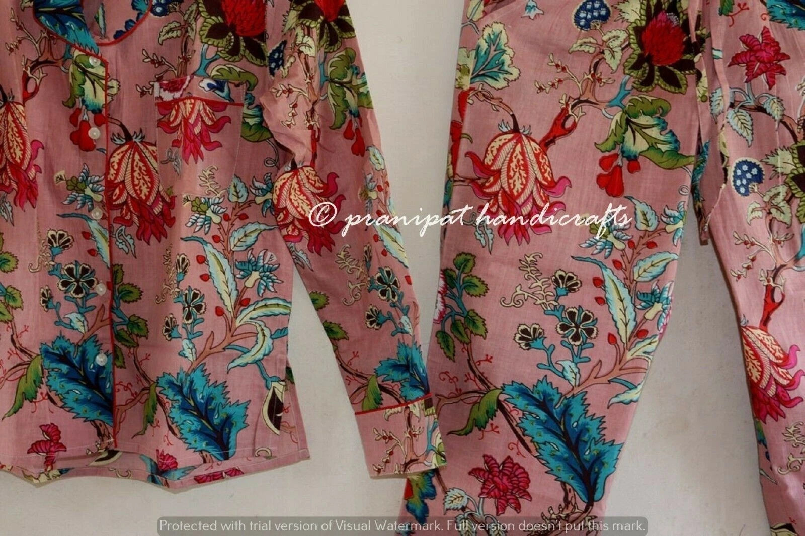 Indian Rose Printed Cotton Baby Pink Women Hippie Gypsy Top-Pajama set Sleepwear