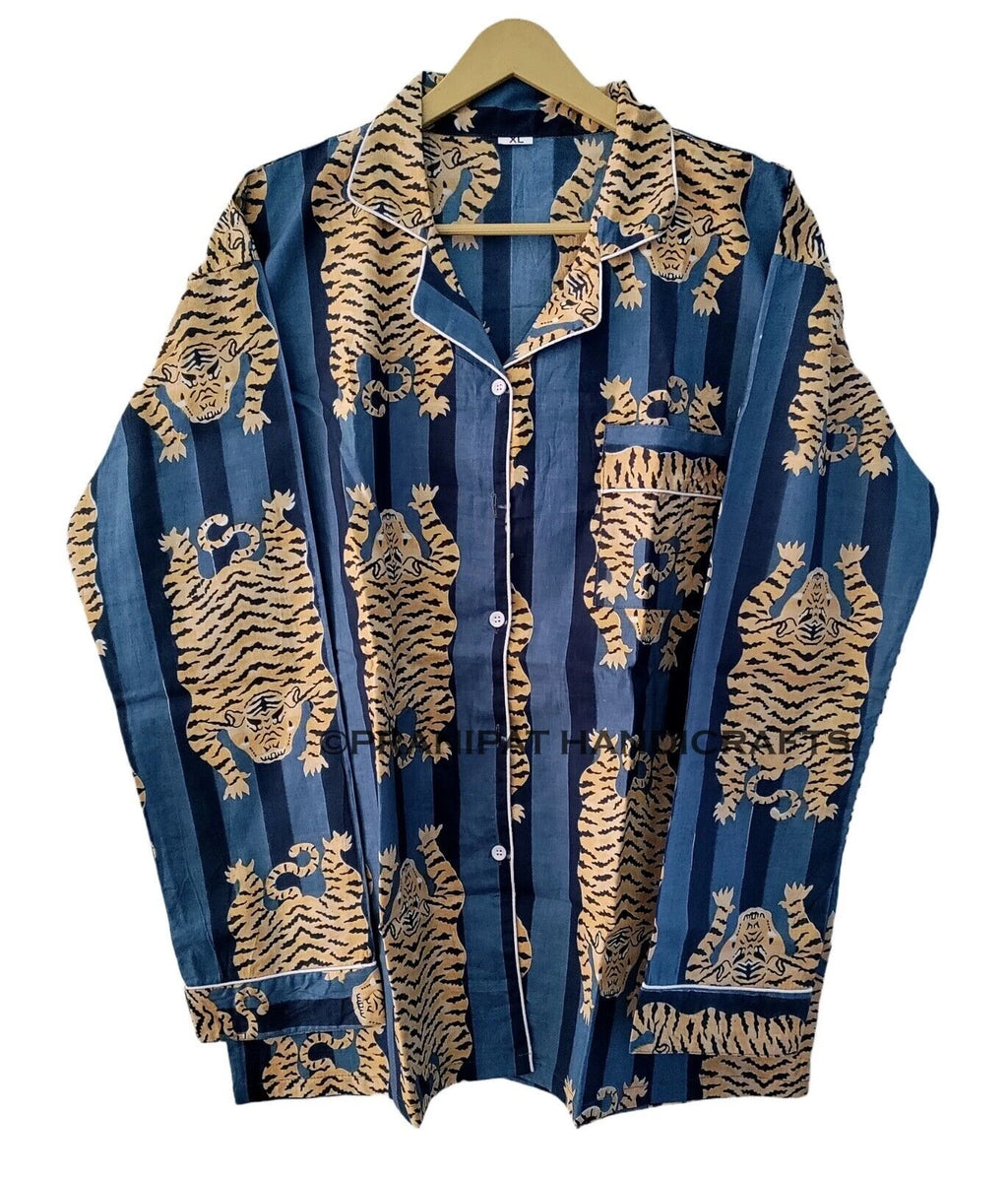 Tibetan Tiger Women Gypsy Sleepwear Cotton Blue Hippie Night wear Top-Pajama set