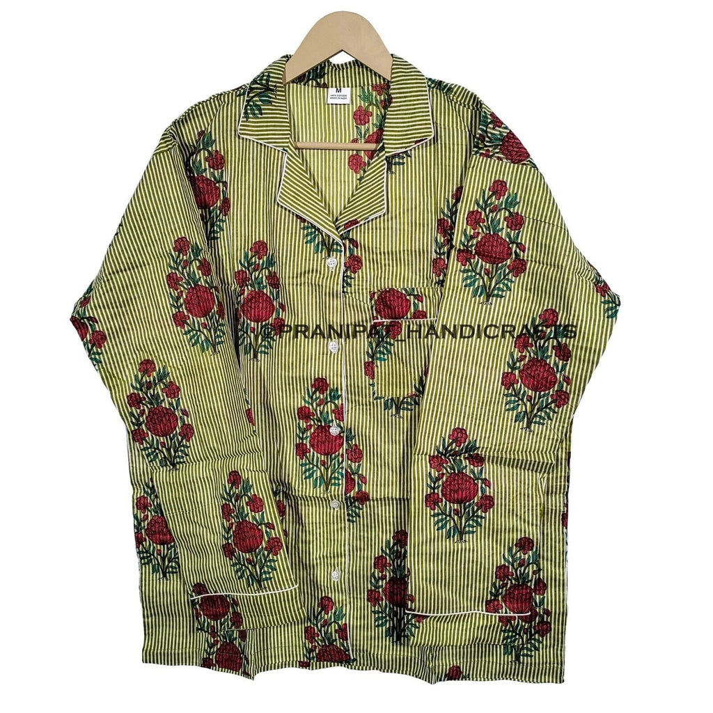 Women Floral Stripe Summer Green Sleepwear Hippie Cotton Night wear Pajama set