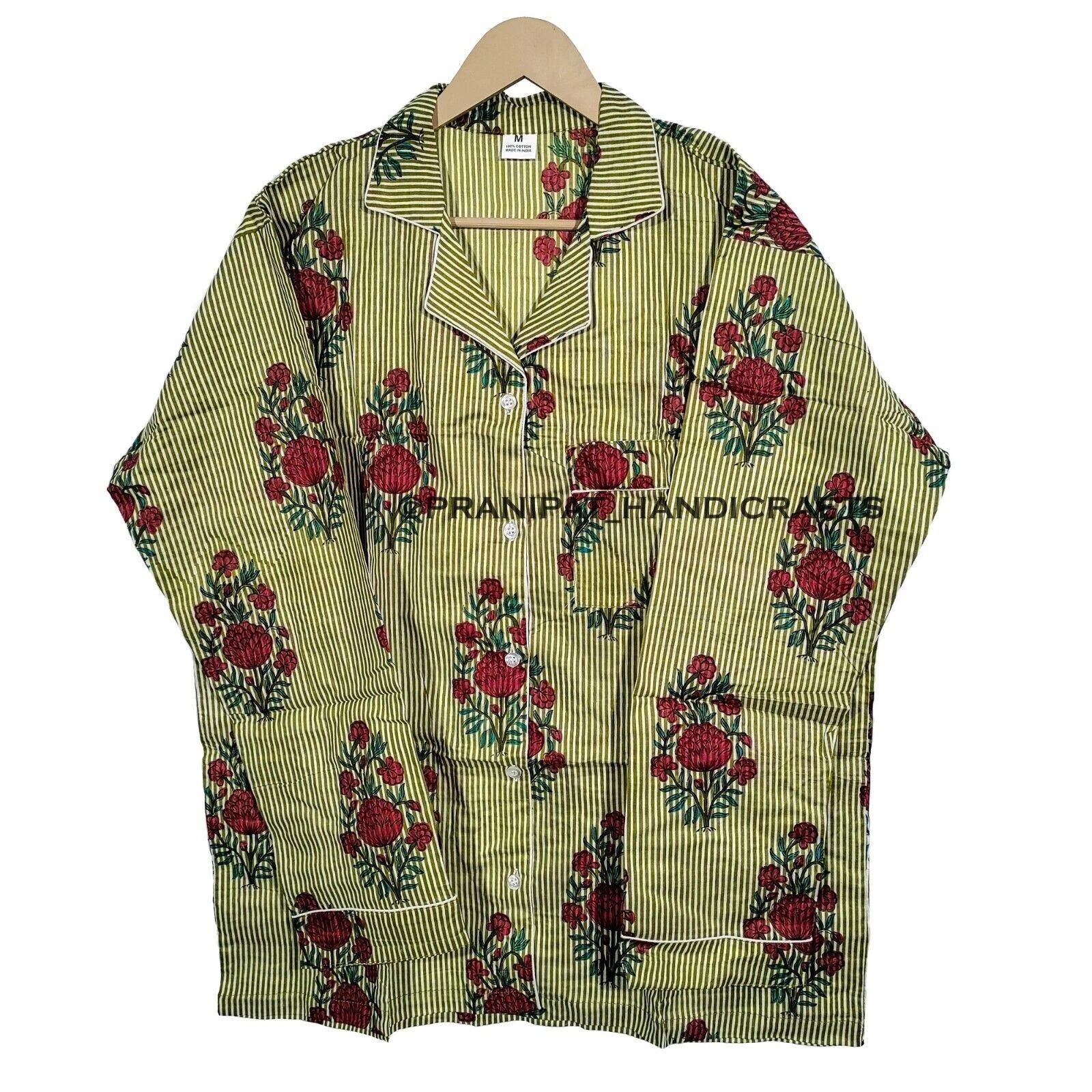 Women Floral Stripe Summer Green Sleepwear Hippie Cotton Night wear Pajama set