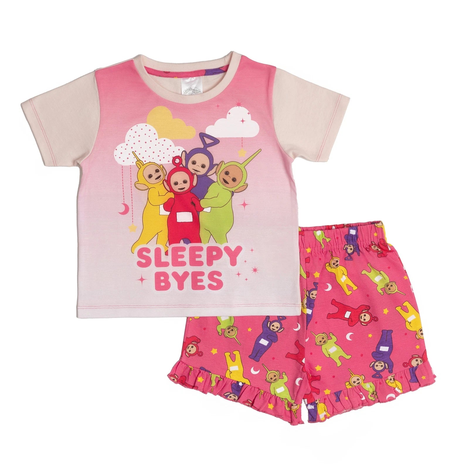 Teletubbies Girls Pyjamas Pjs Nightwear Pink Frilly Baby Toddler Kids Shorts Top