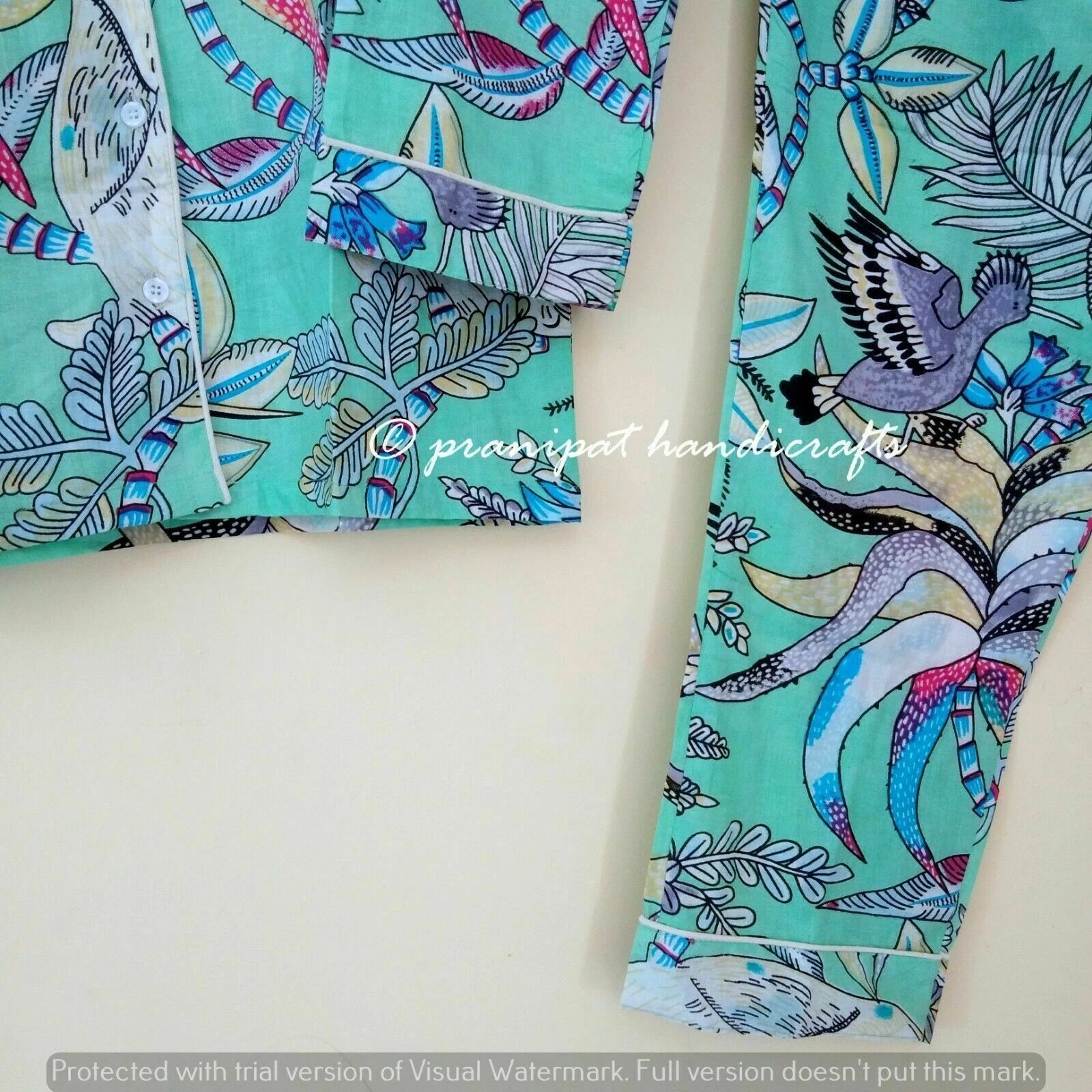 Indian Monkey Print Cotton Aquamarine Green Women Gypsy Top-Pajama set Sleepwear