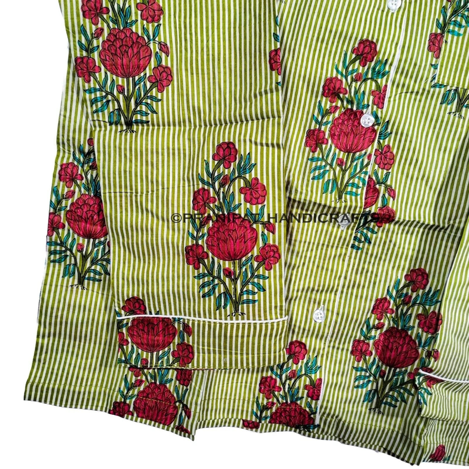 Women Floral Stripe Summer Green Sleepwear Hippie Cotton Night wear Pajama set