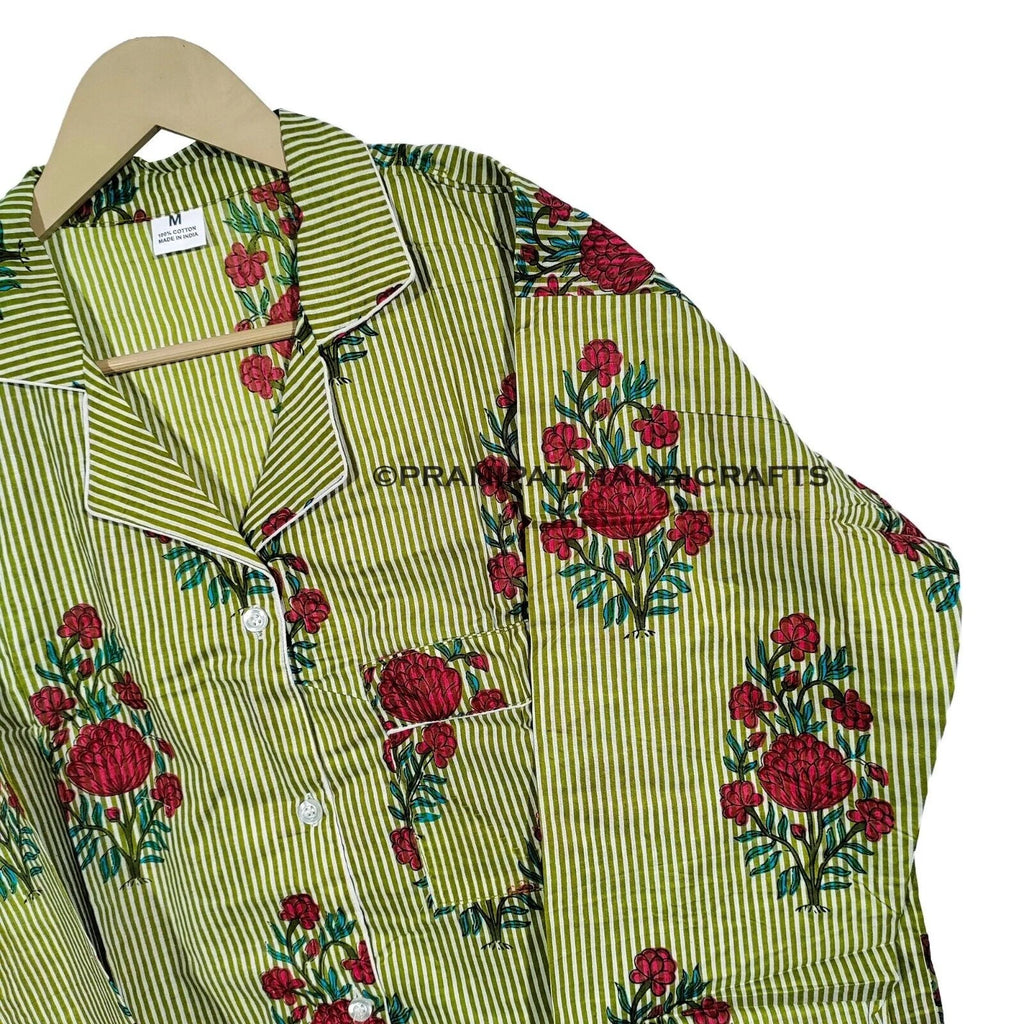 Women Floral Stripe Summer Green Sleepwear Hippie Cotton Night wear Pajama set