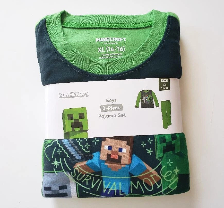 NEW MINECRAFT BOYS SIZE 14/16 PAJAMAS FLANNEL 2-PIECE SET SURVIVAL MODE NWT