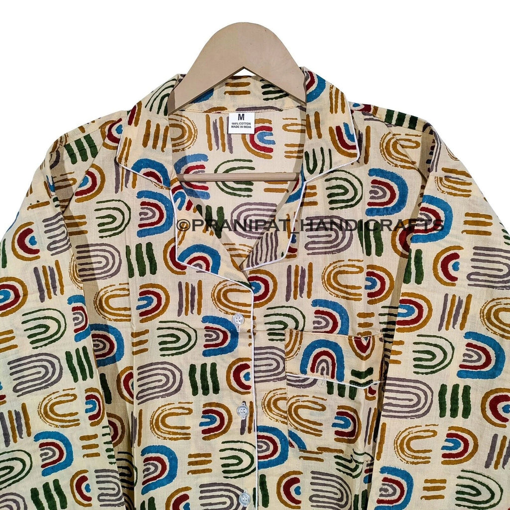 Women Abstract Summer Beige Hippie Sleepwear Cotton Ethnic Night wear Pajama set