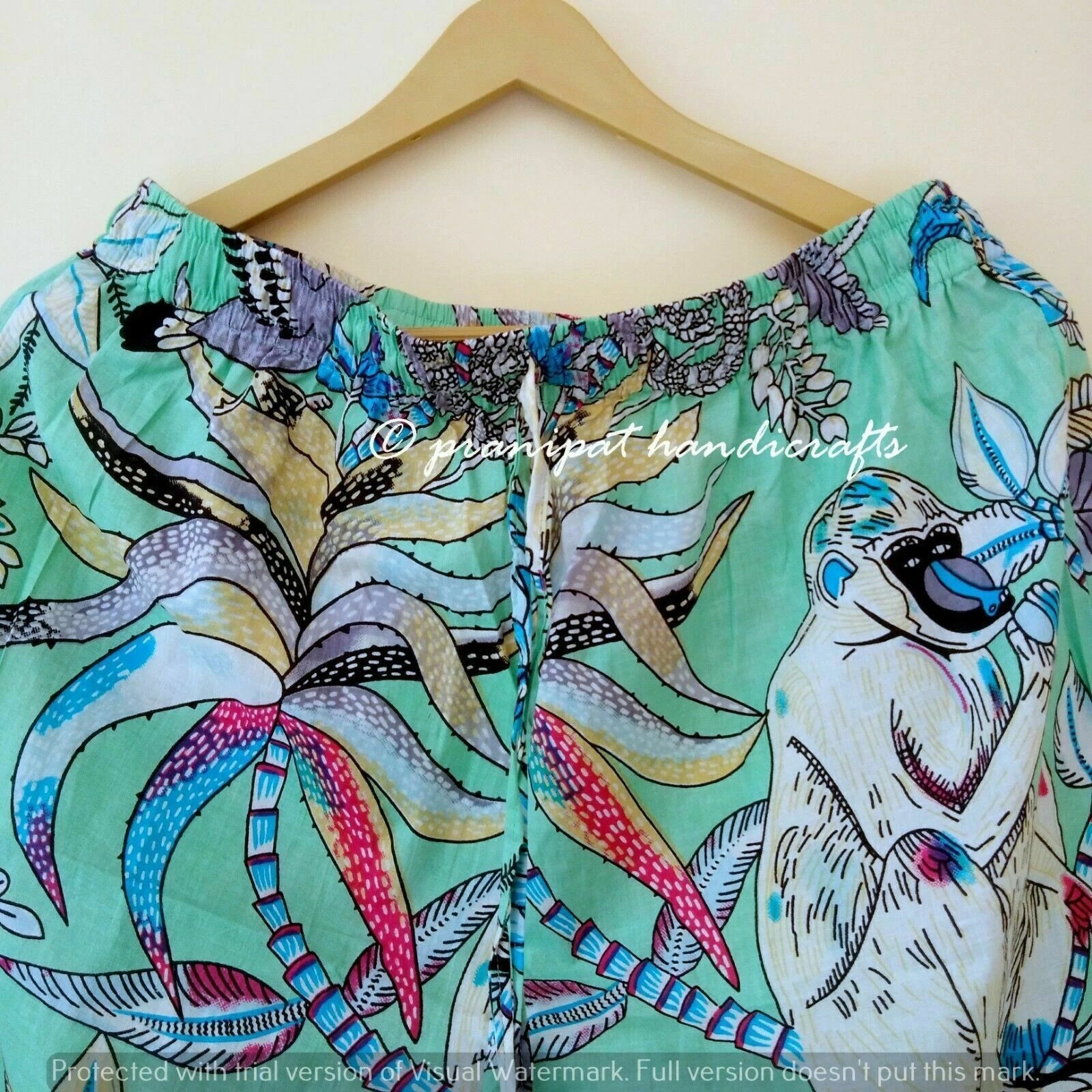 Indian Monkey Print Cotton Aquamarine Green Women Gypsy Top-Pajama set Sleepwear