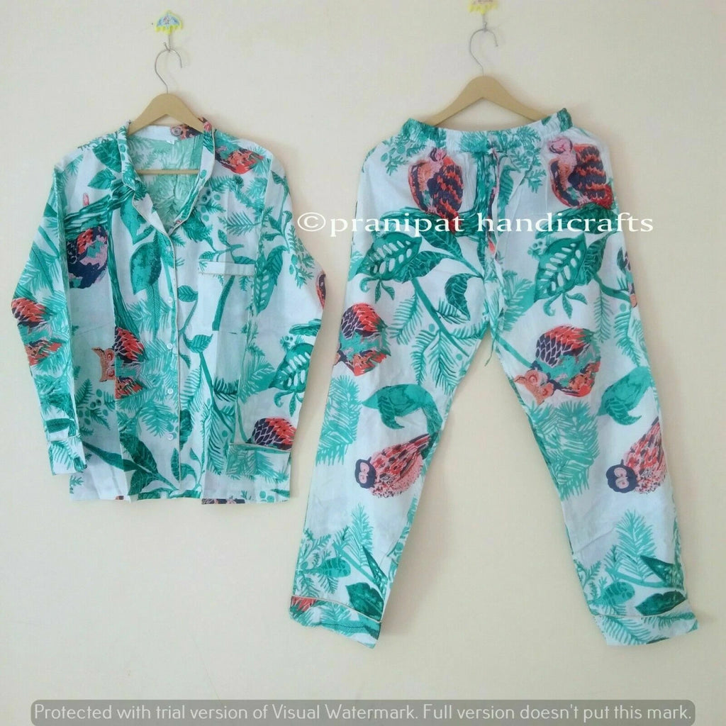Indian Owl Print throw Cotton Turquoise Hippie Women Gypsy Sleepwear Pajama set