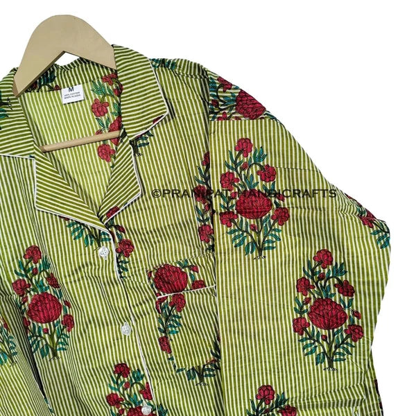 Women Floral Stripe Summer Green Sleepwear Hippie Cotton Night wear Pajama set