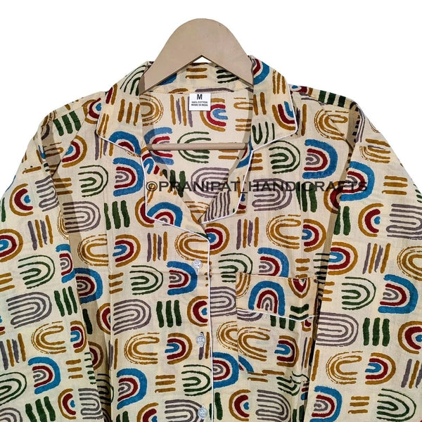 Women Abstract Summer Beige Hippie Sleepwear Cotton Ethnic Night wear Pajama set