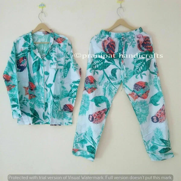 Indian Owl Print throw Cotton Turquoise Hippie Women Gypsy Sleepwear Pajama set