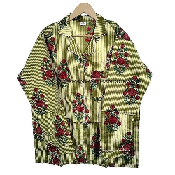 Women Floral Stripe Summer Green Sleepwear Hippie Cotton Night wear Pajama set