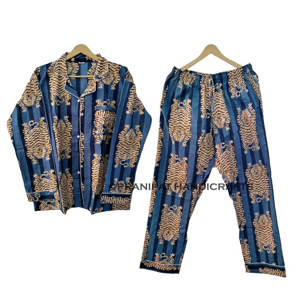Tibetan Tiger Women Gypsy Sleepwear Cotton Blue Hippie Night wear Top-Pajama set